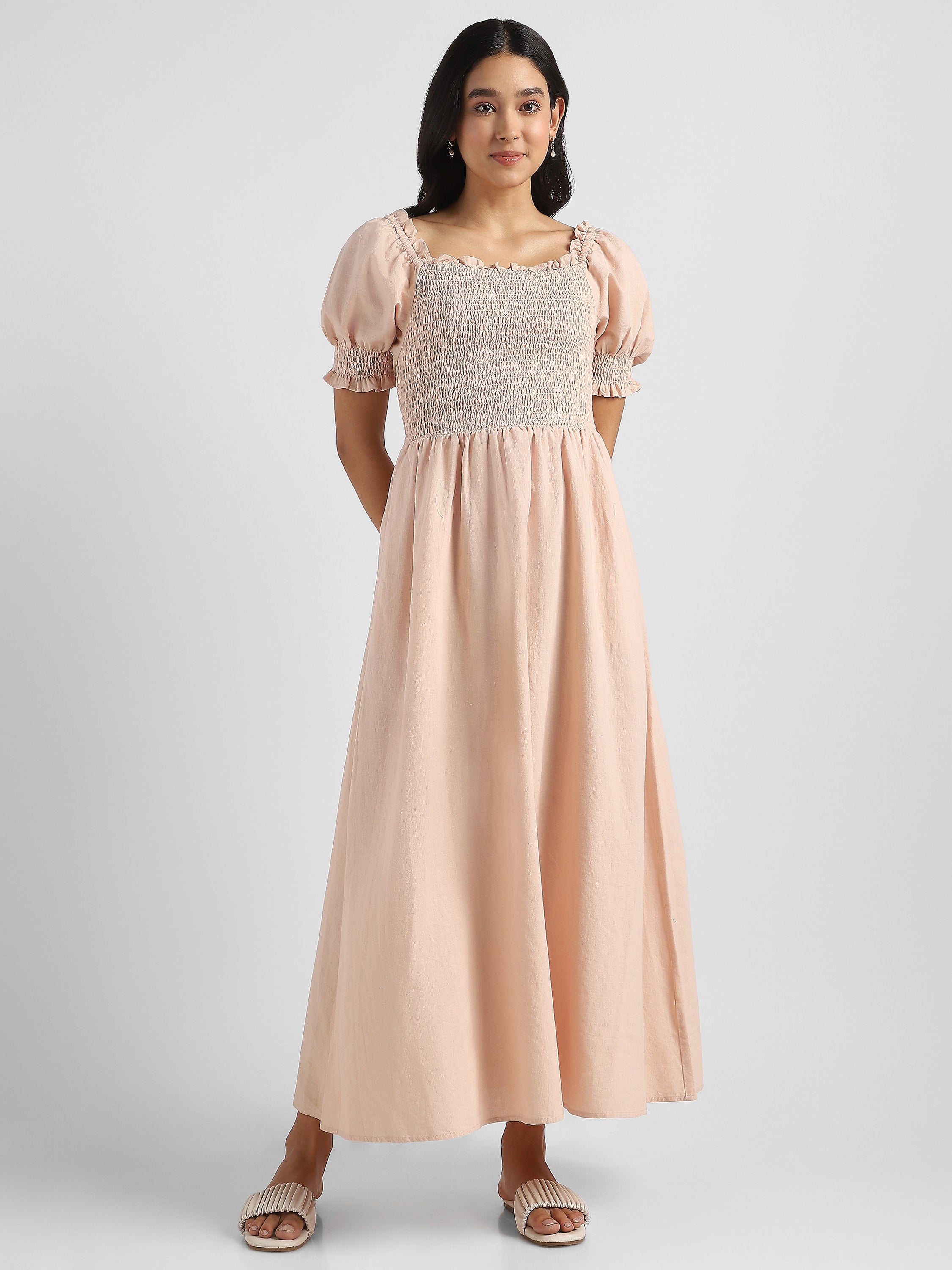 Women Solid Peach Baloon Sleeve Maxi Dress