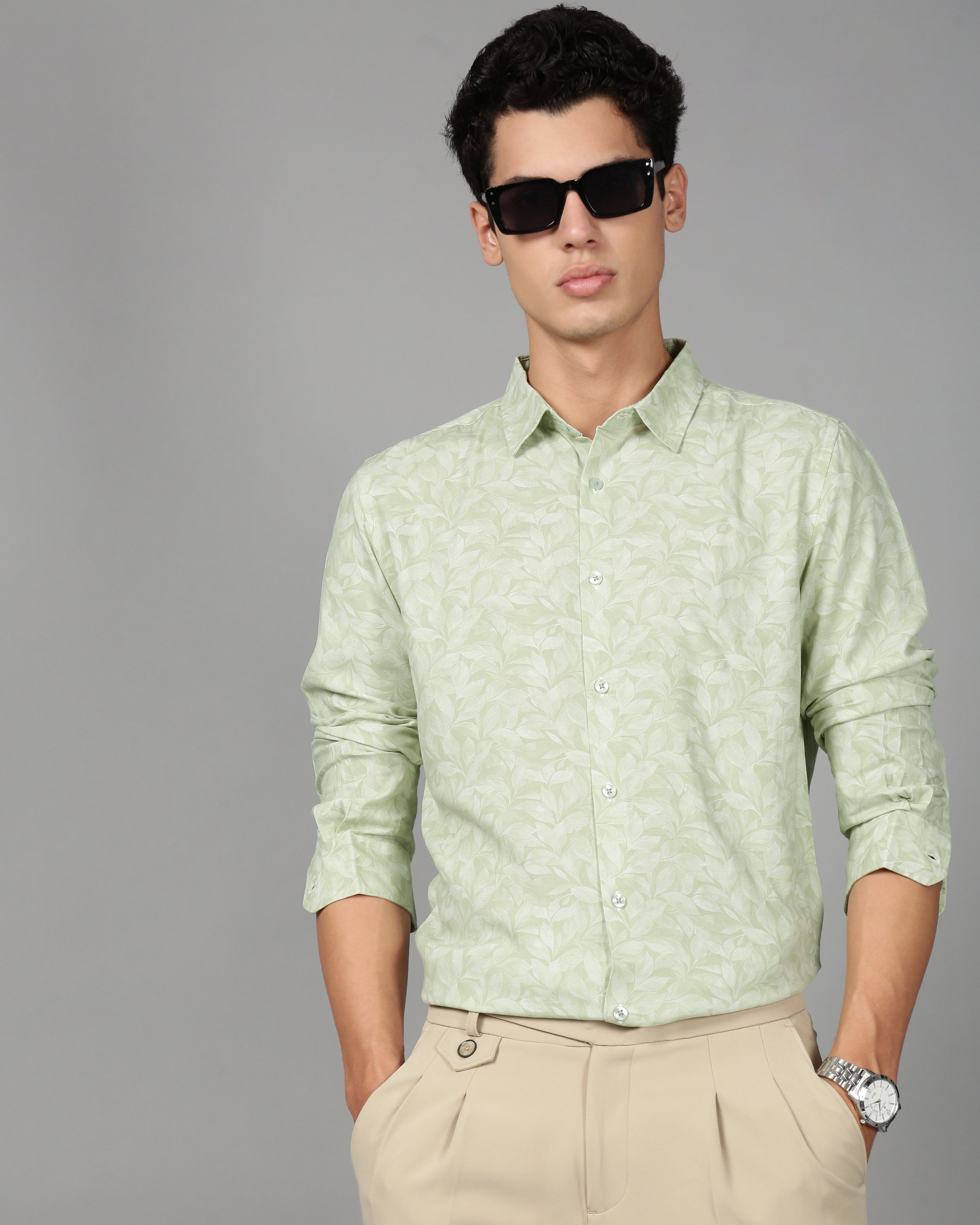 Men Green Leaf Print Shirt