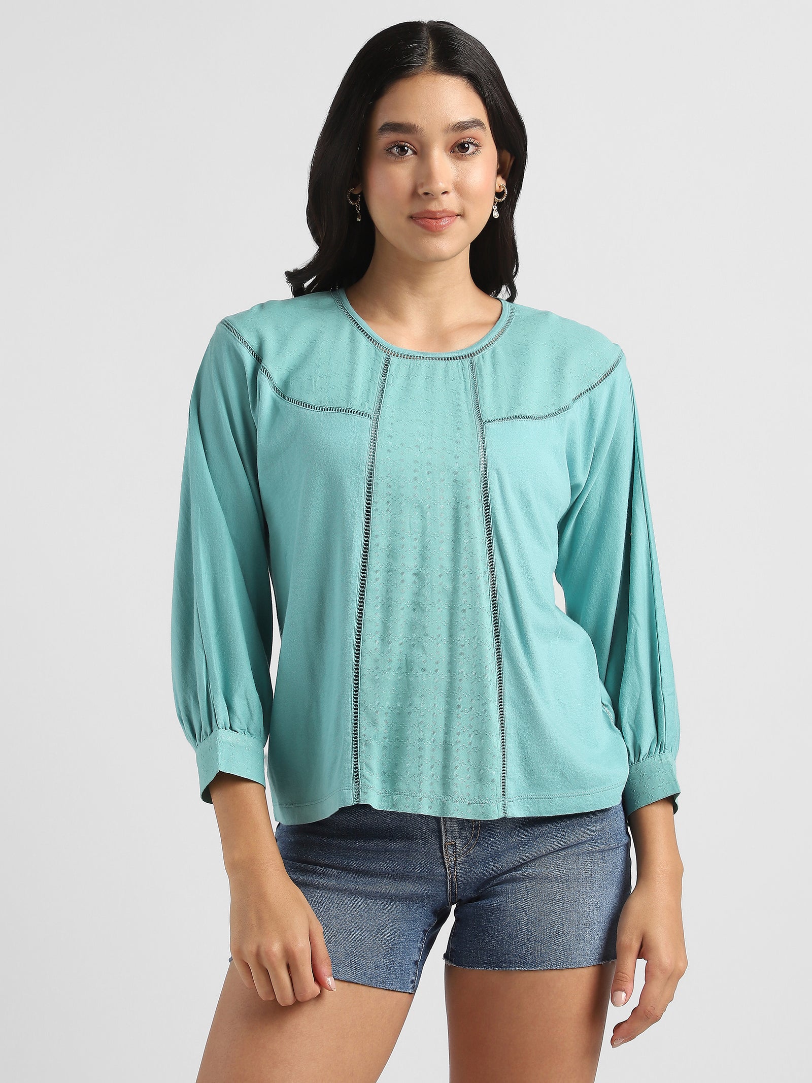 Women Green Self Design Fabric Top