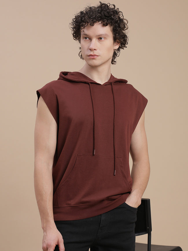 Men Brown Sleeveless Hoodie