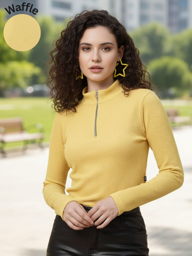 Women Yellow Waffle Top