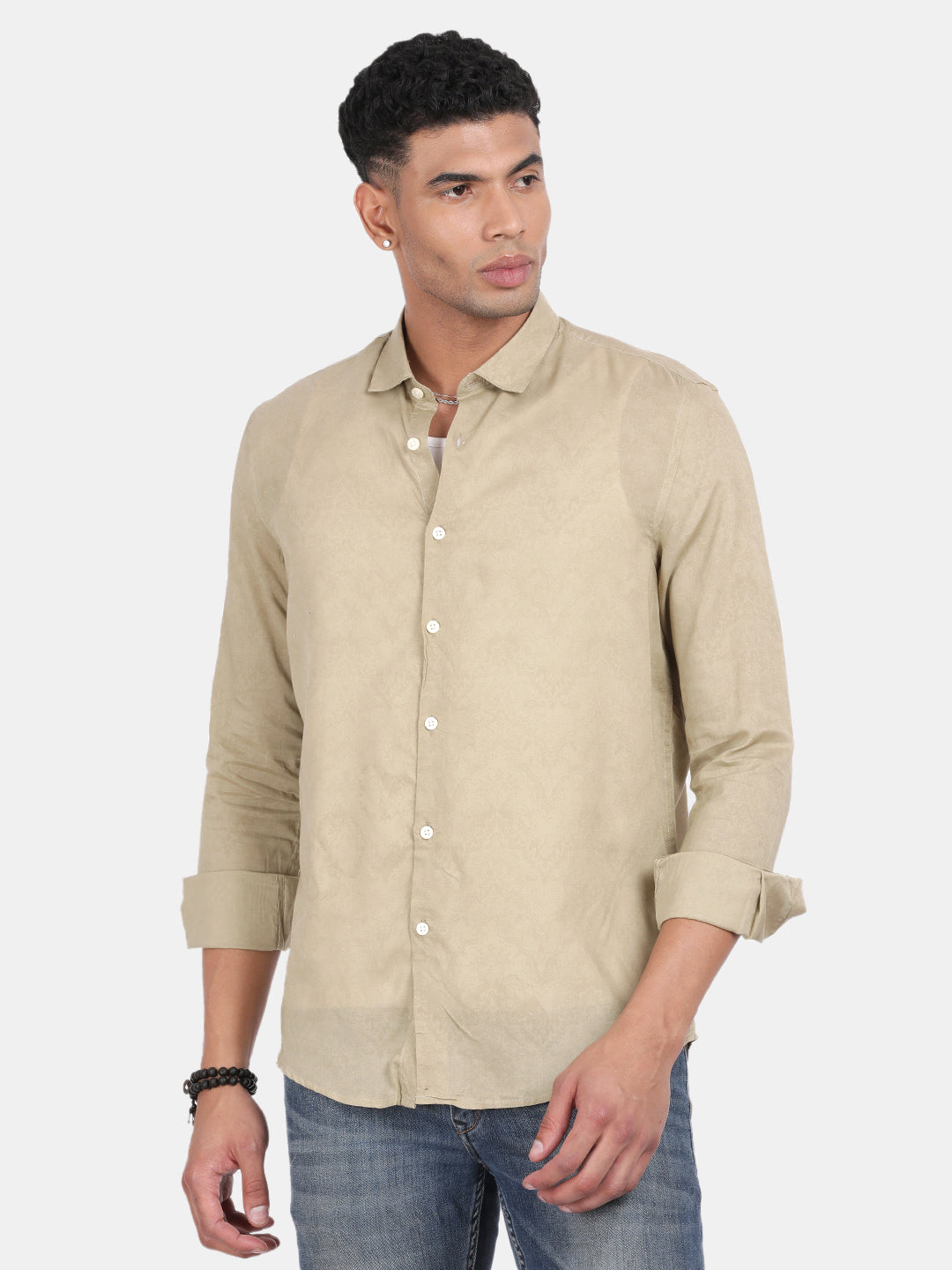 Men Khaki Slim Fit Spread Collar Full Sleeve Casual Shirt
