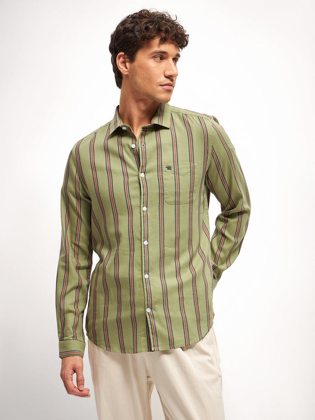Men Olive Stripe Slim Fit Casual Shirt