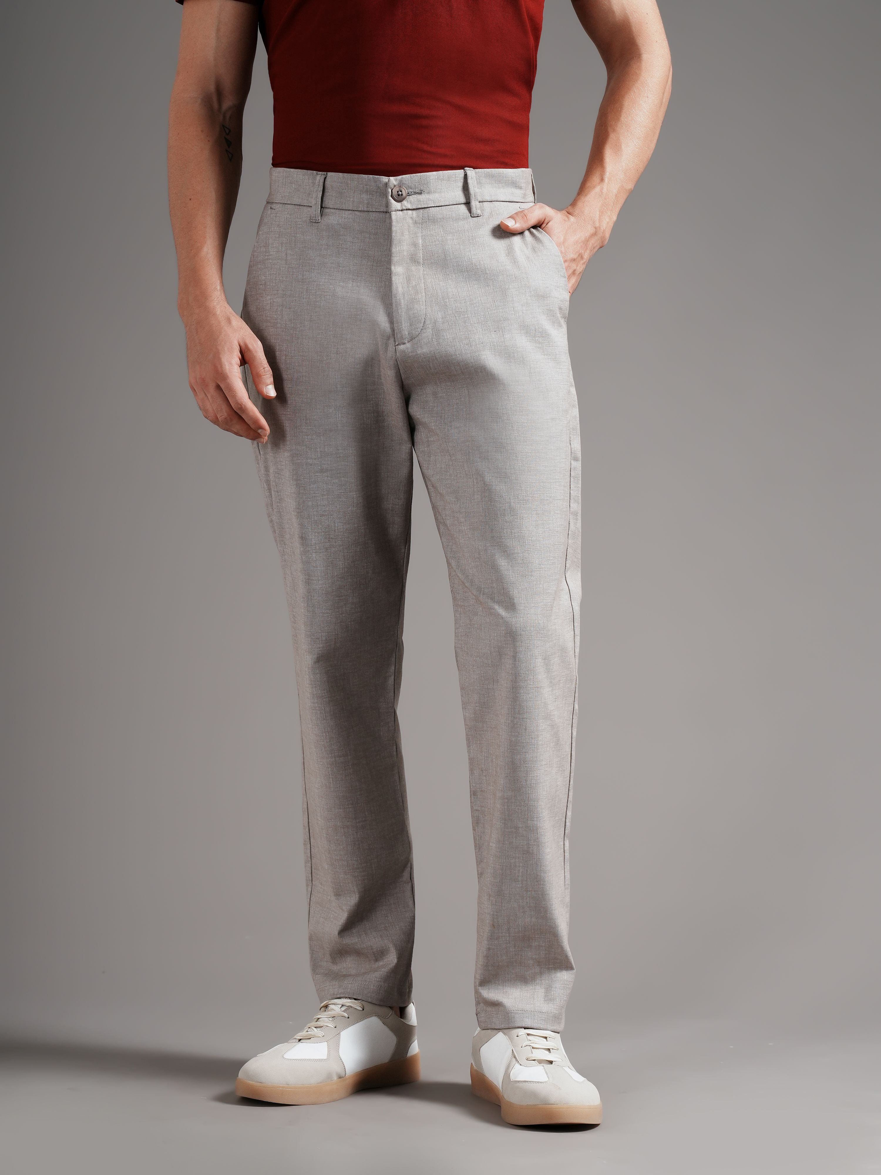 Men Grey Straight Fit Trousers