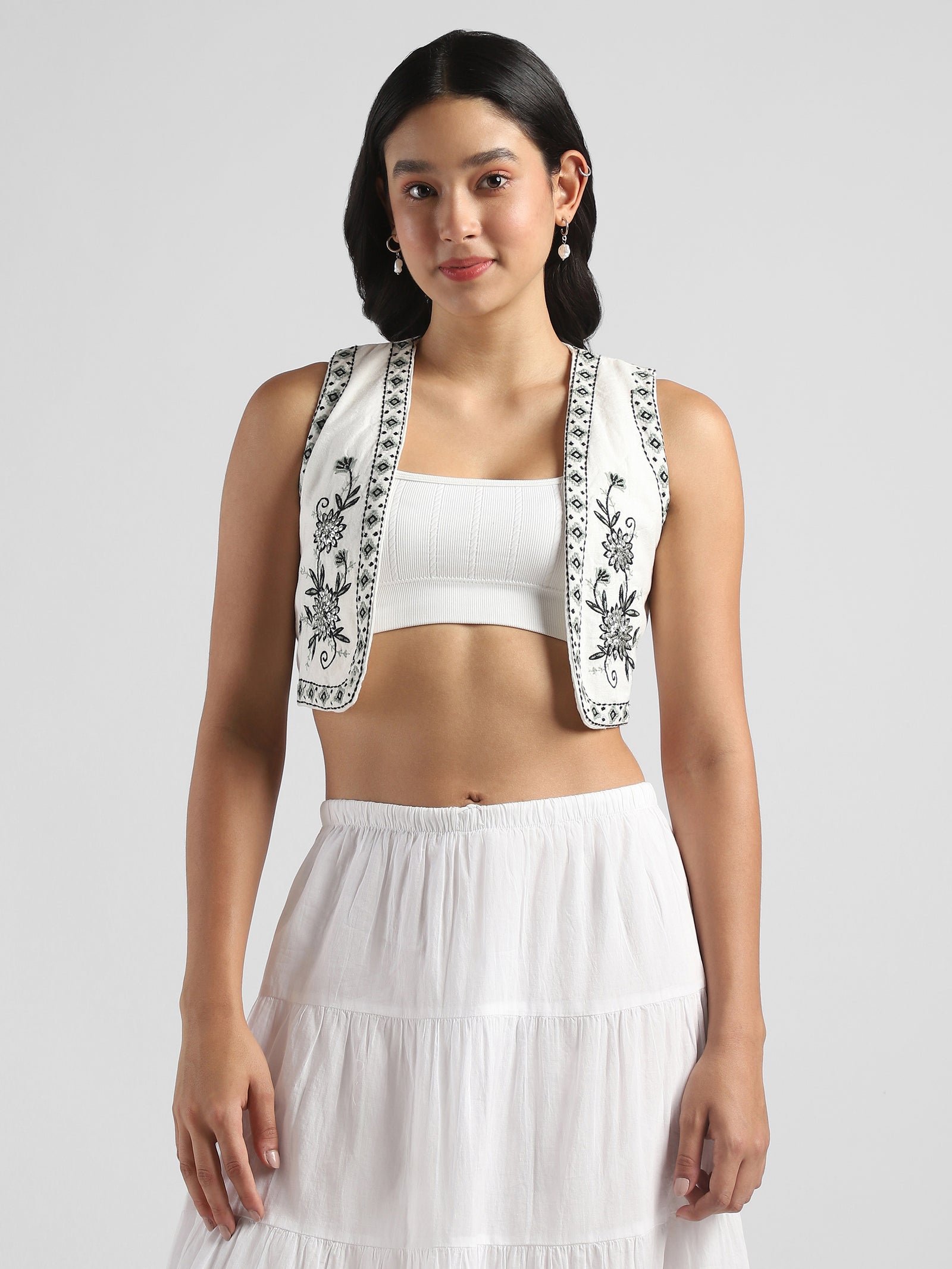 Women White & Black Printed Embroidered Short Jacket
