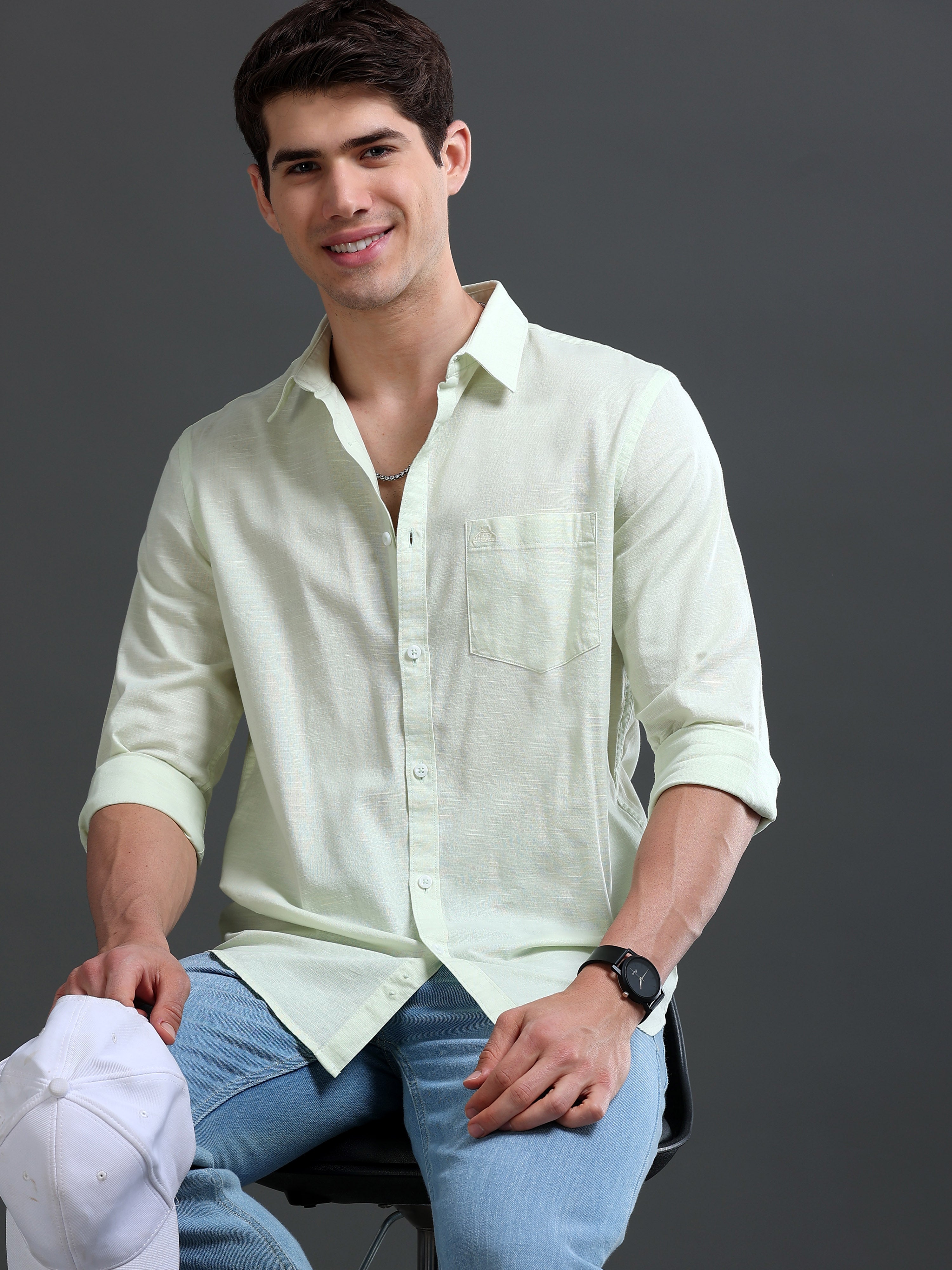 Men Green Slub Solid Shirt