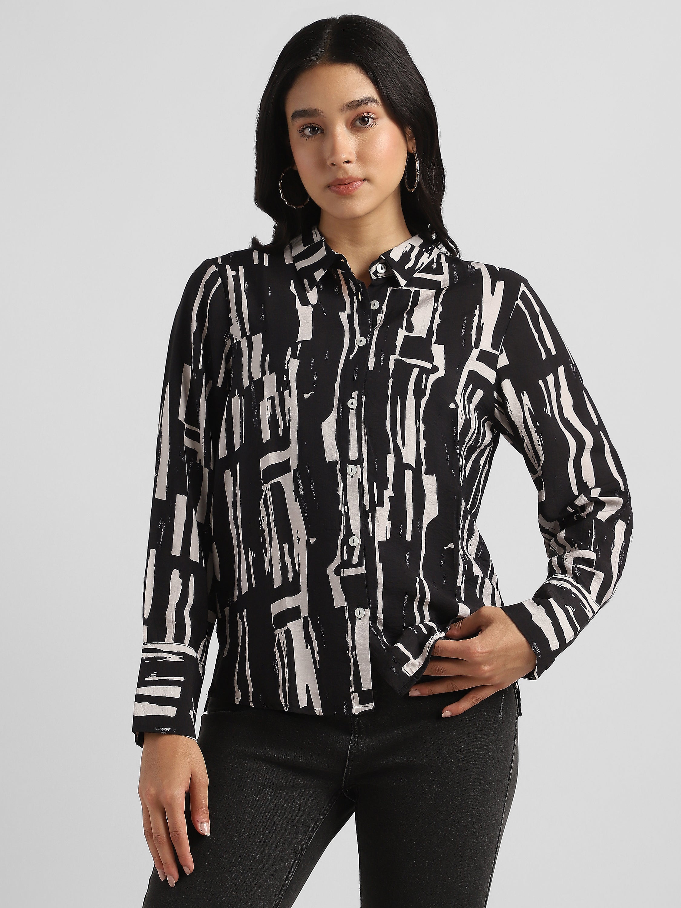 Women Black Printed Regular Fit Shirt