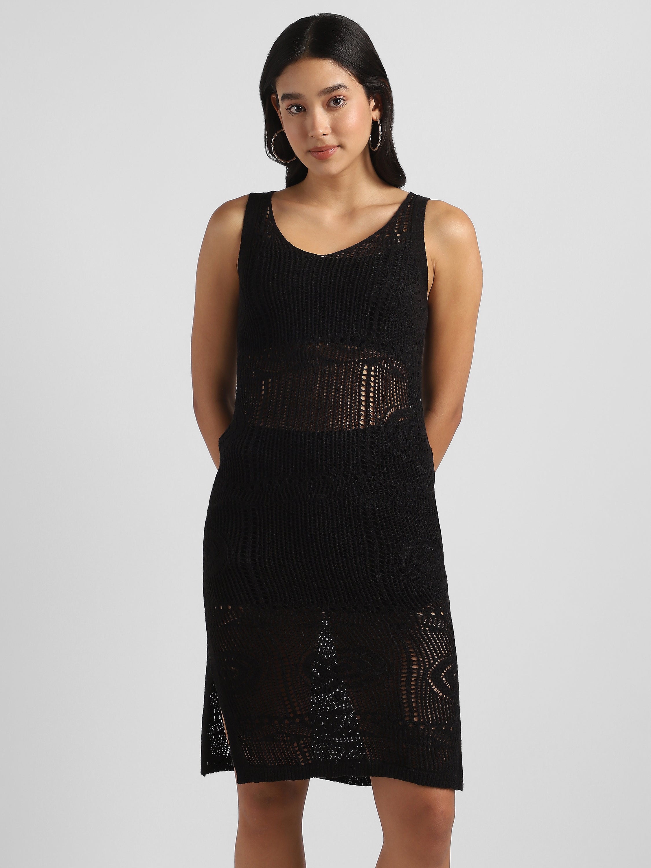 Women Black Crochet Bodycon Dress FYVA Women Black Crochet Bodycon Dress FYVA