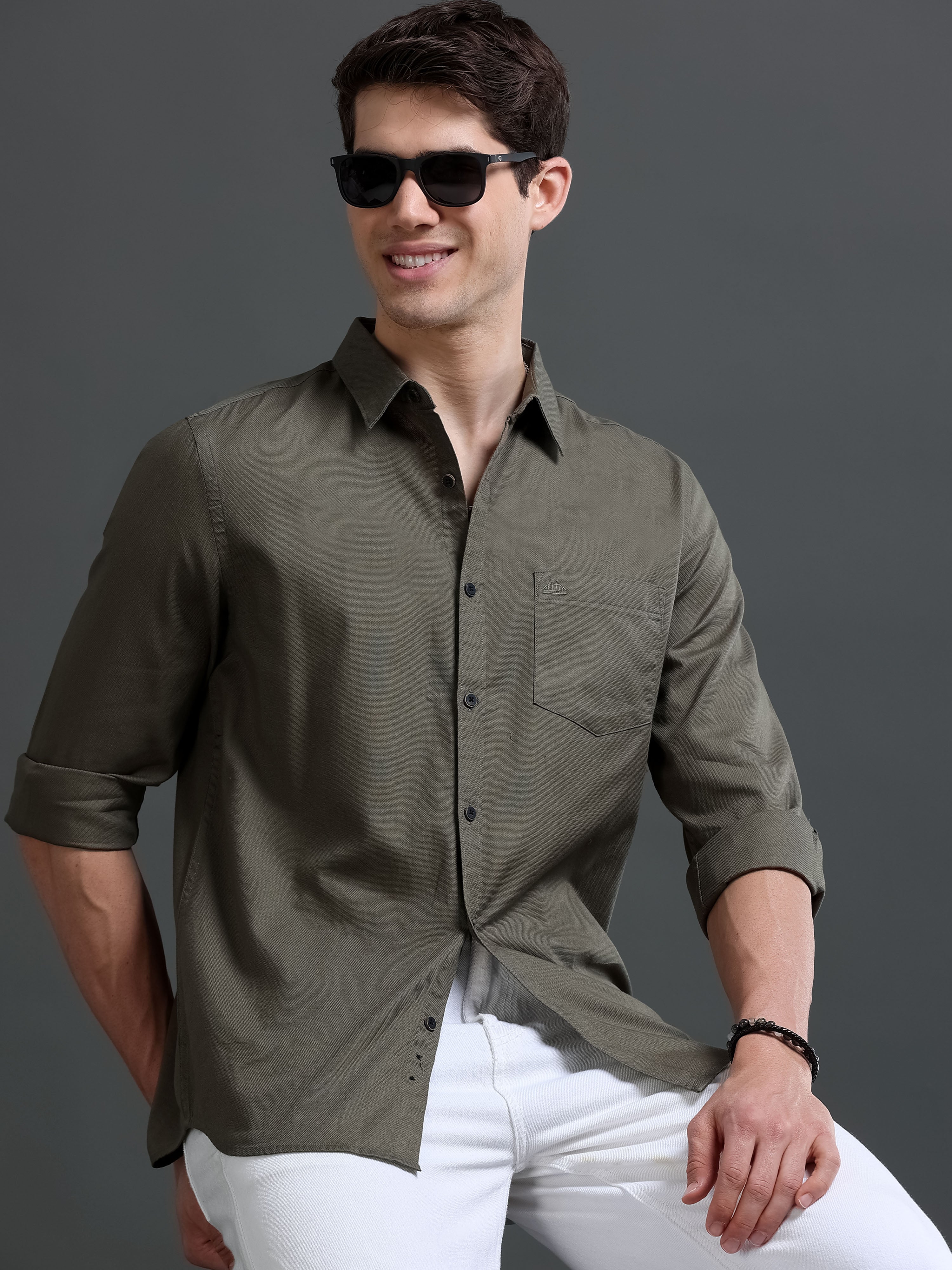 Men Olive Dobby Shirt