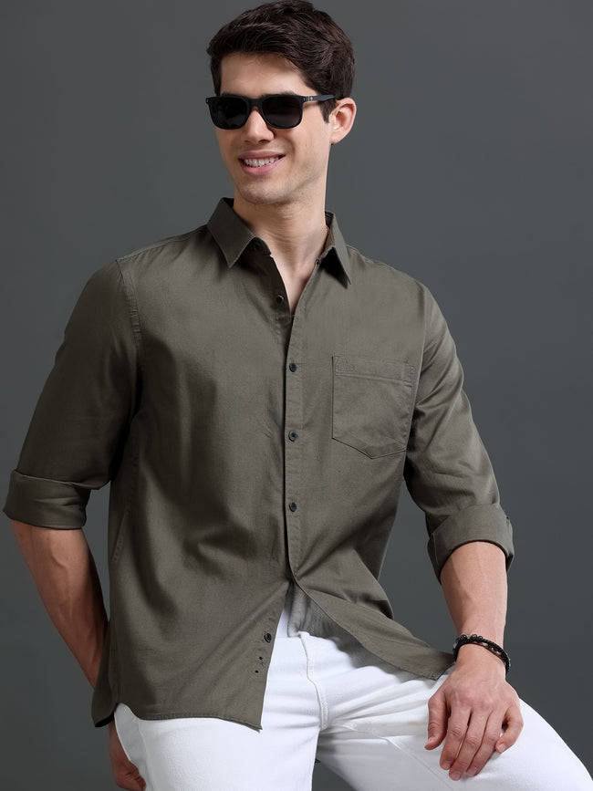 Men Olive Dobby Shirt