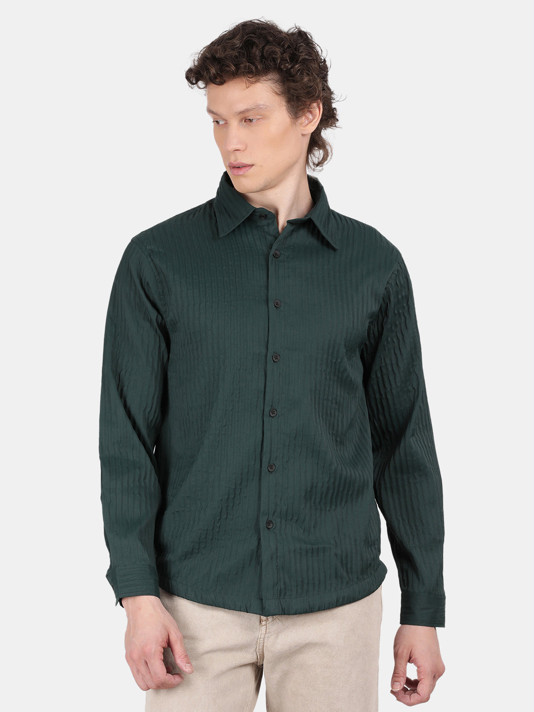 Men Dark Green Slim Fit Spread Collar Full Sleeve Casual Shirt