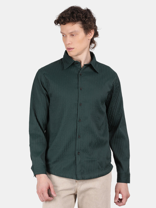 Men Dark Green Slim Fit Spread Collar Full Sleeve Casual Shirt