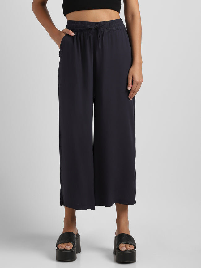 Women Navy  Flowy Wide-Leg Pants with Drawstring
