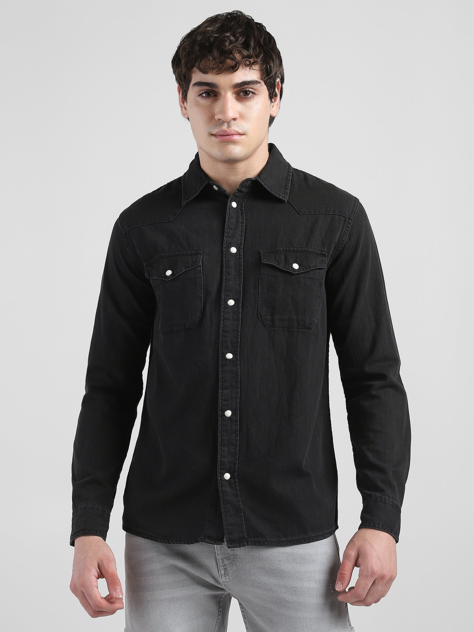 Men Denim Black Regular Fit Shirt with Two Pockets