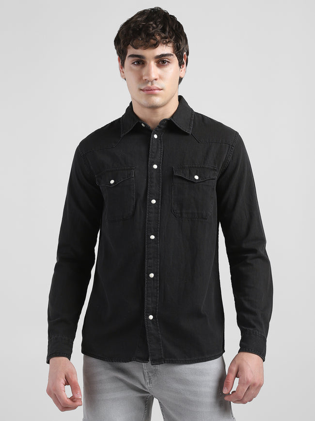 Men Denim Black Regular Fit Shirt with Two Pockets