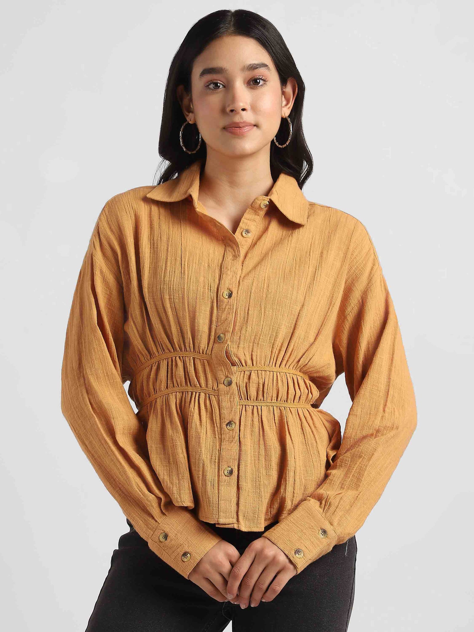 Women Mustard Shirt with Back Bottom Cut Out