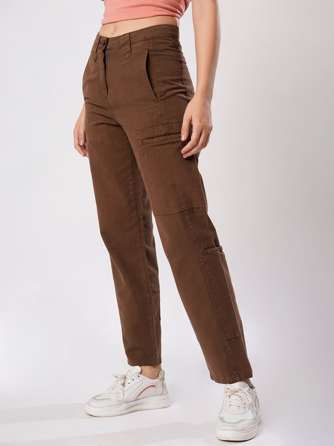 Women Brown Cargo Trouser with Waistband detailing