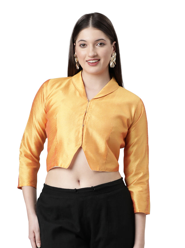 Mustard Solid Three-Quarter Sleeves Mandarin Collar Dupion Silk Knot Blouse