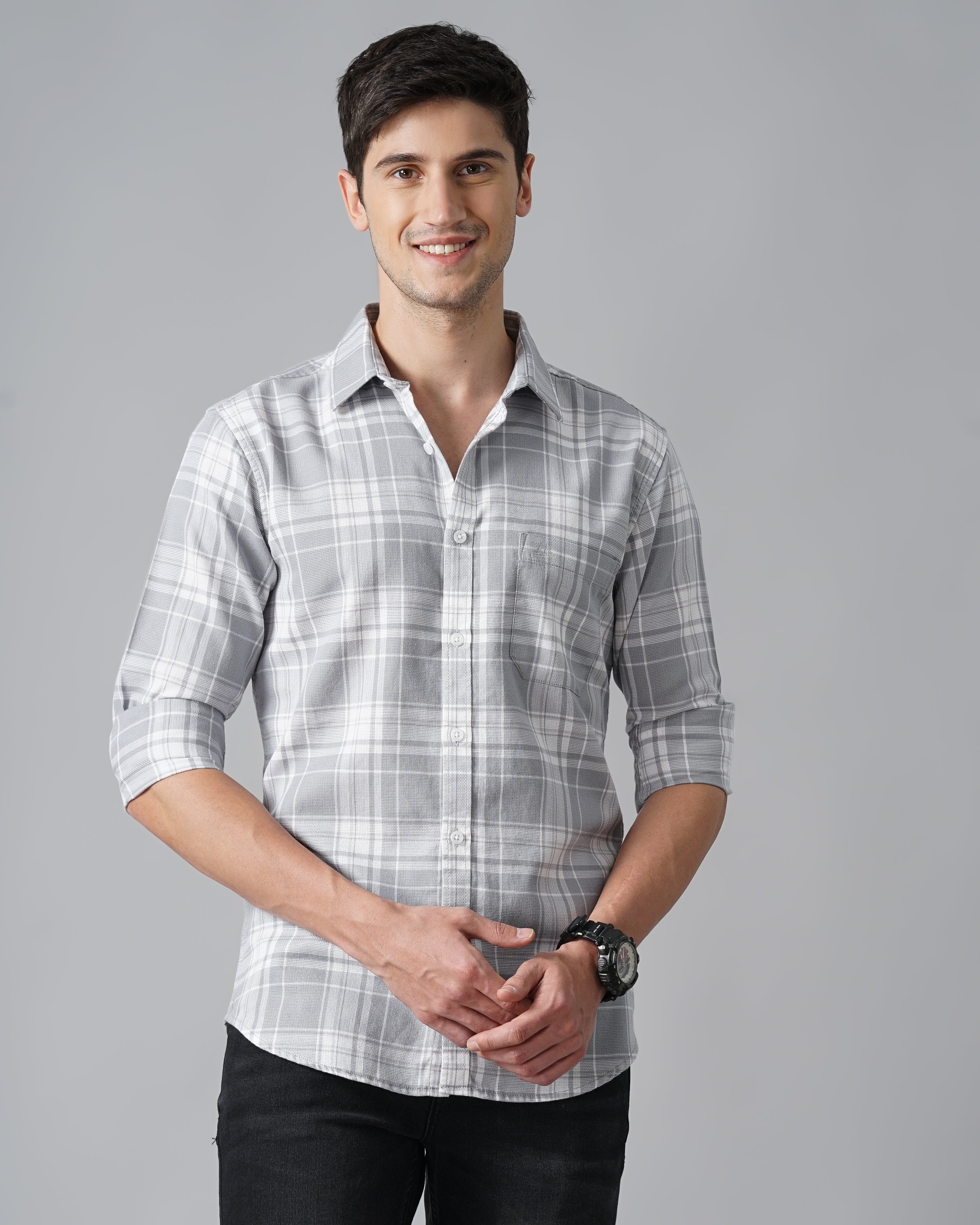 Men Grey Cotton Slim Shirt