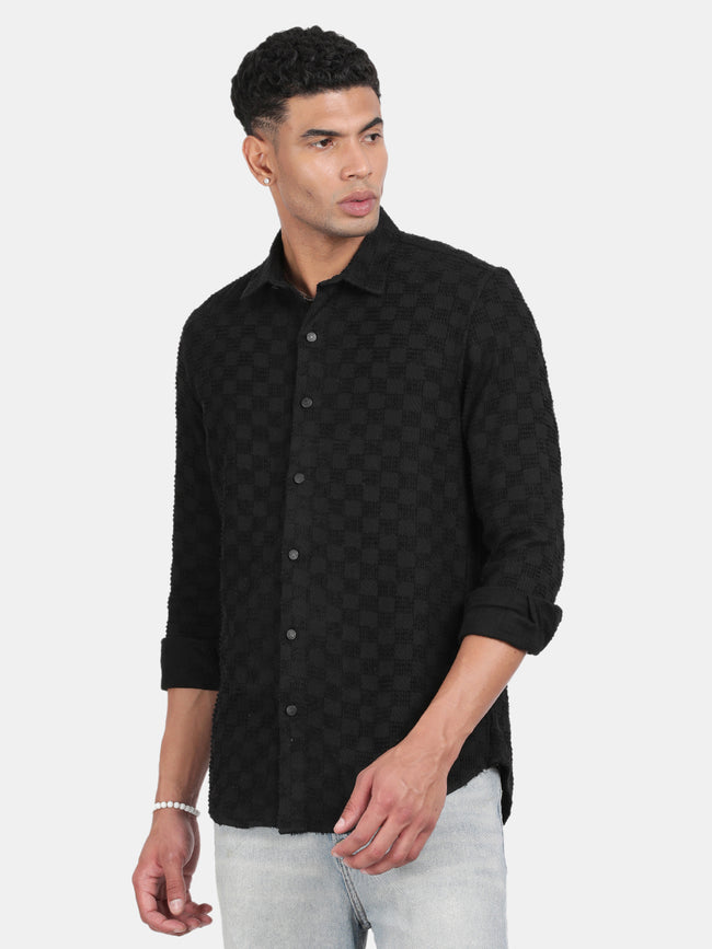 Men Black Slim Fit Spread Collar Full Sleeve Casual Shirt
