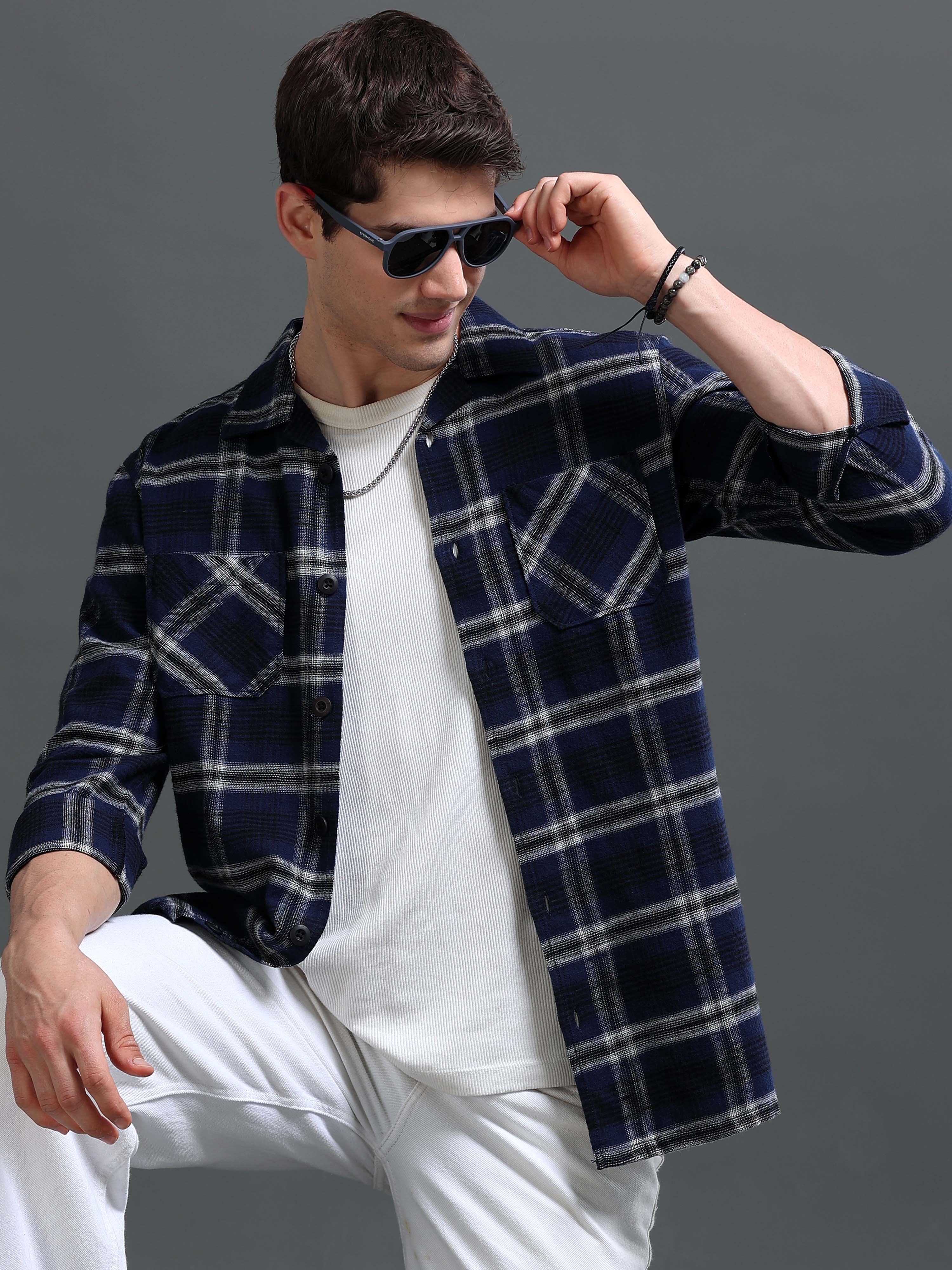 Men Navy Flannel Checked Shirt