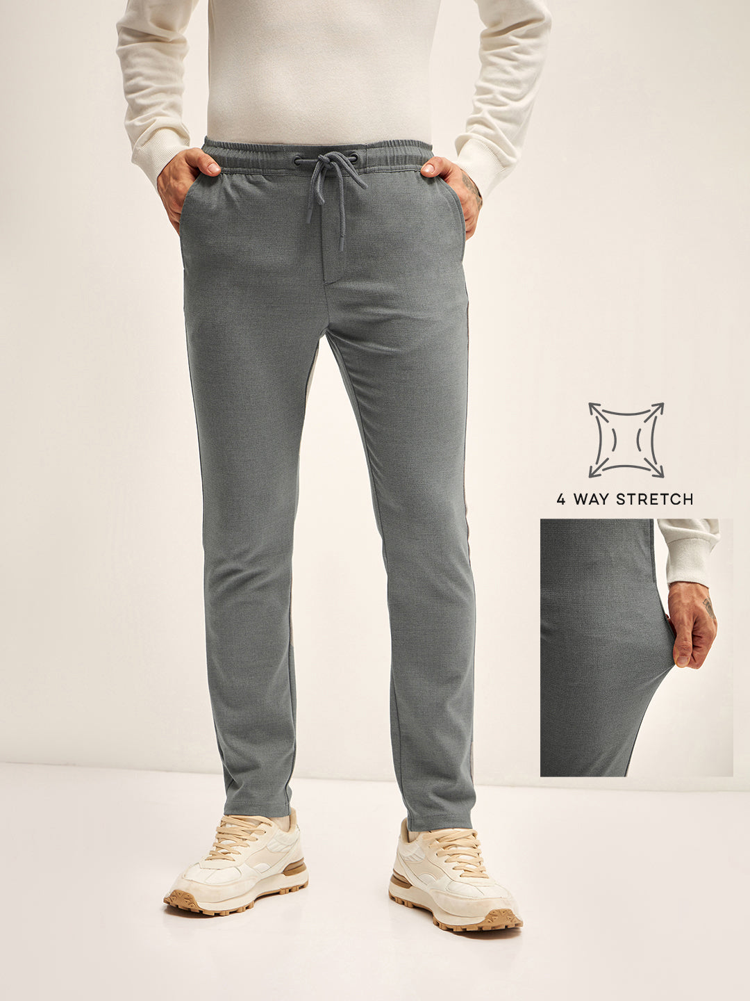 Men Grey Solid 4 Way Stretch Formal Trouser
