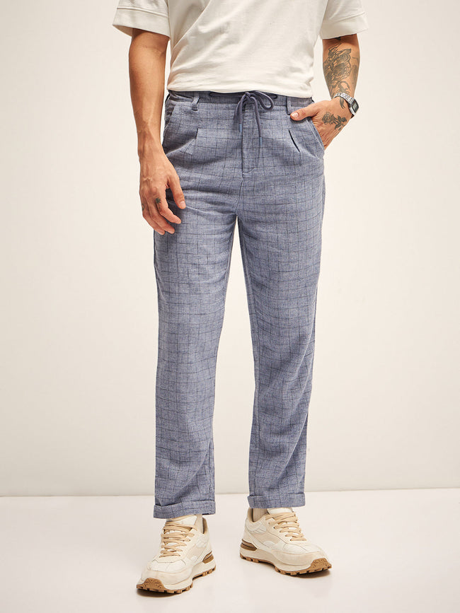Men Blue Checked Regular Fit Mid-Rise Casual Pant