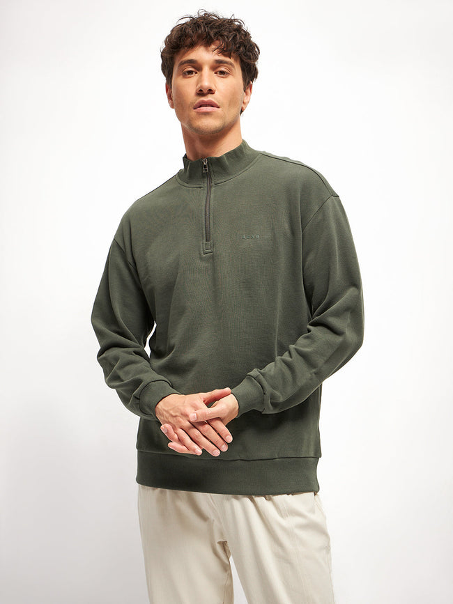 Men Olive Solid Relax Fit High Neck Sweatshirt