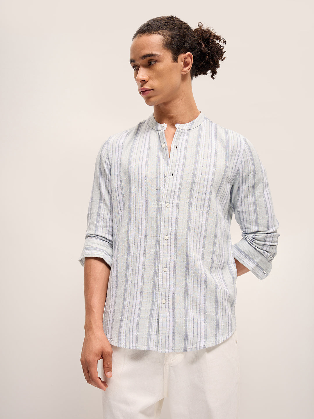 Men Light Blue Stripe Slim Fit Casual Shirt