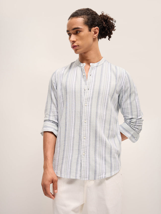Men Light Blue Stripe Slim Fit Casual Shirt