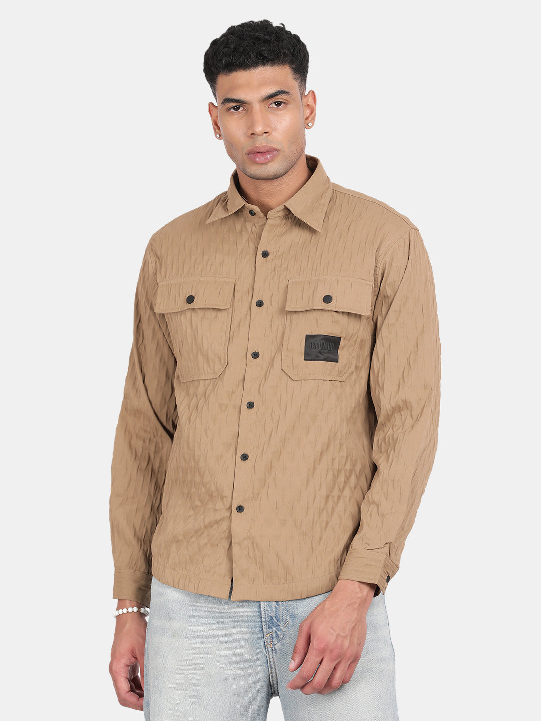 Men Brown Slim Fit Spread Collar Full Sleeve Casual Shirt