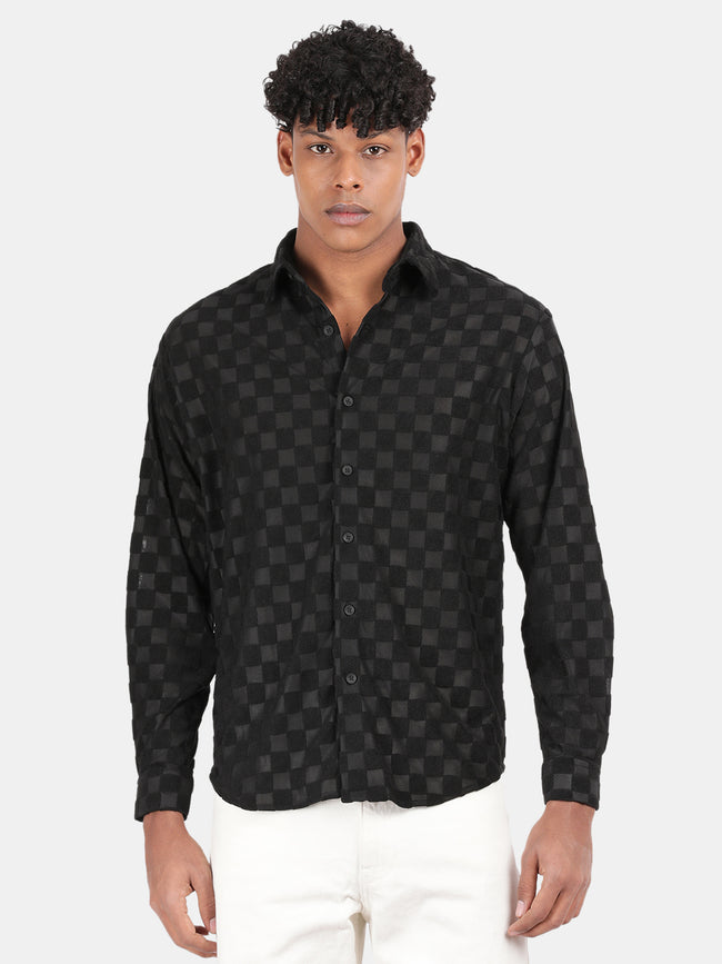 Men Black Slim Fit Spread Collar Full Sleeve Casual Shirt