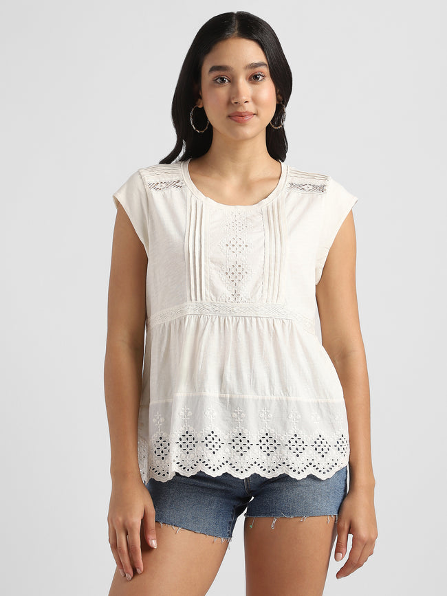 Women White Embroidered Top with Schiffli Inserts