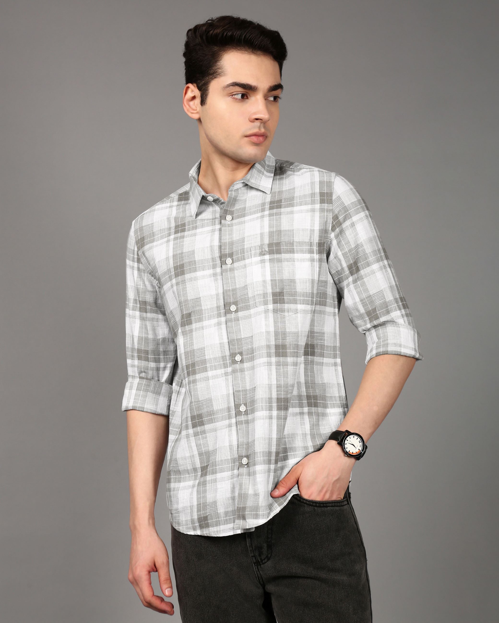 Men Grey Checked Shirt