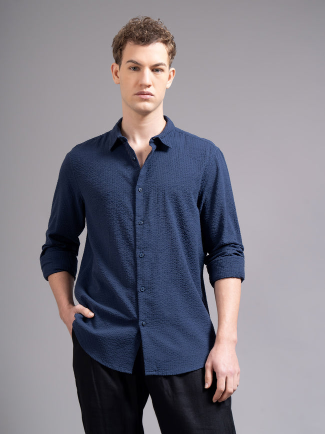 Men Navy Blue Cotton Shirt