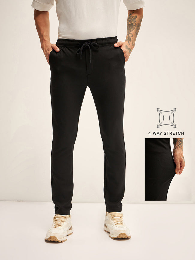 Men Black Solid 4 Way Stretch Formal Trouser