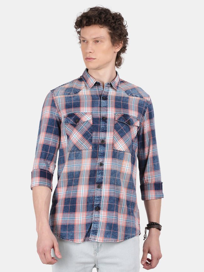 Men Navy Blue Slim Fit Spread Collar Full Sleeve Casual Shirt