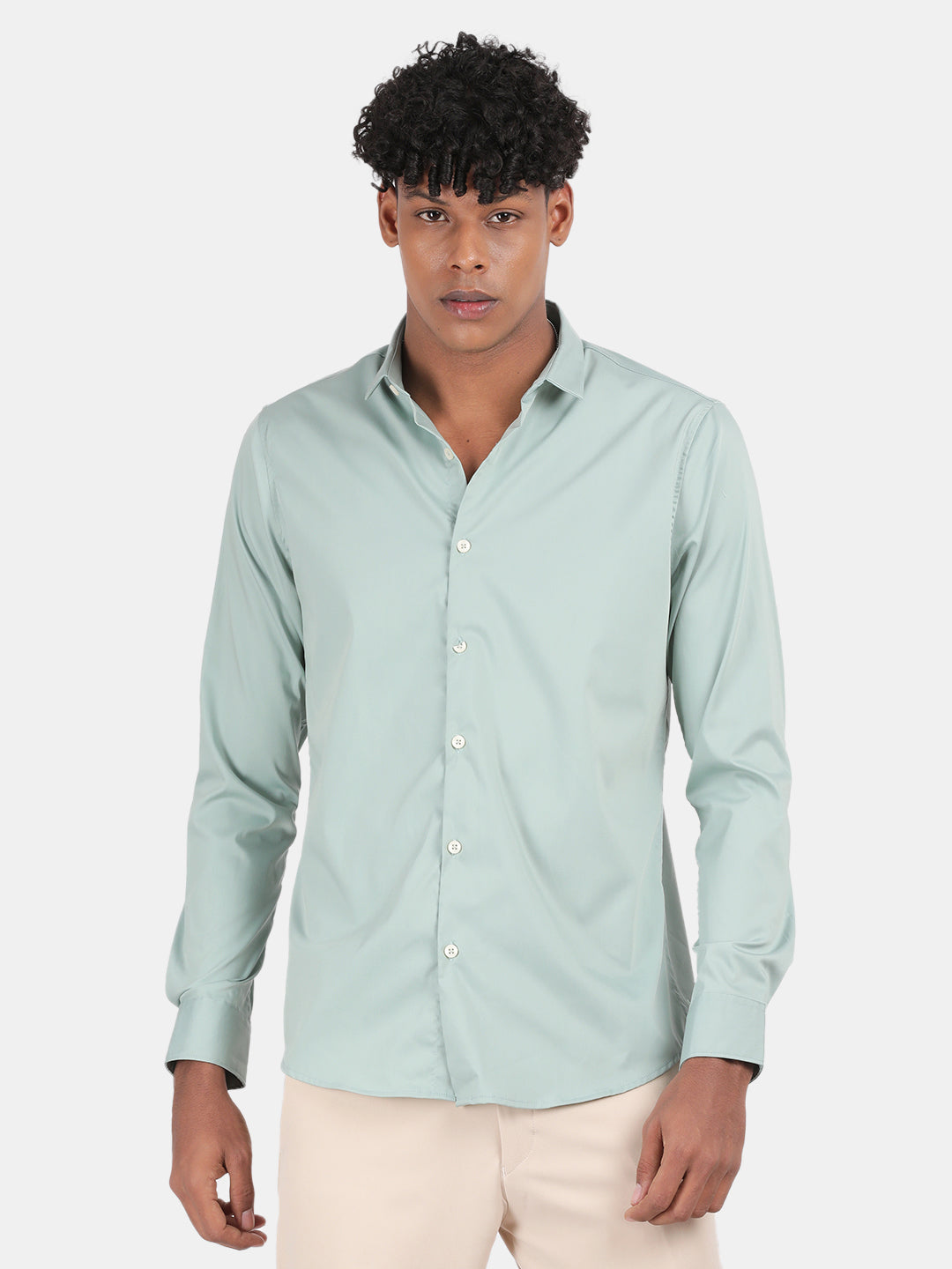 Men Light Green Slim Fit Spread Collar Full Sleeve Casual Shirt