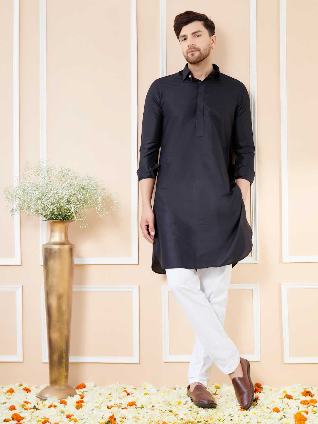 Men Black Cotton Solid Pathani Kurta