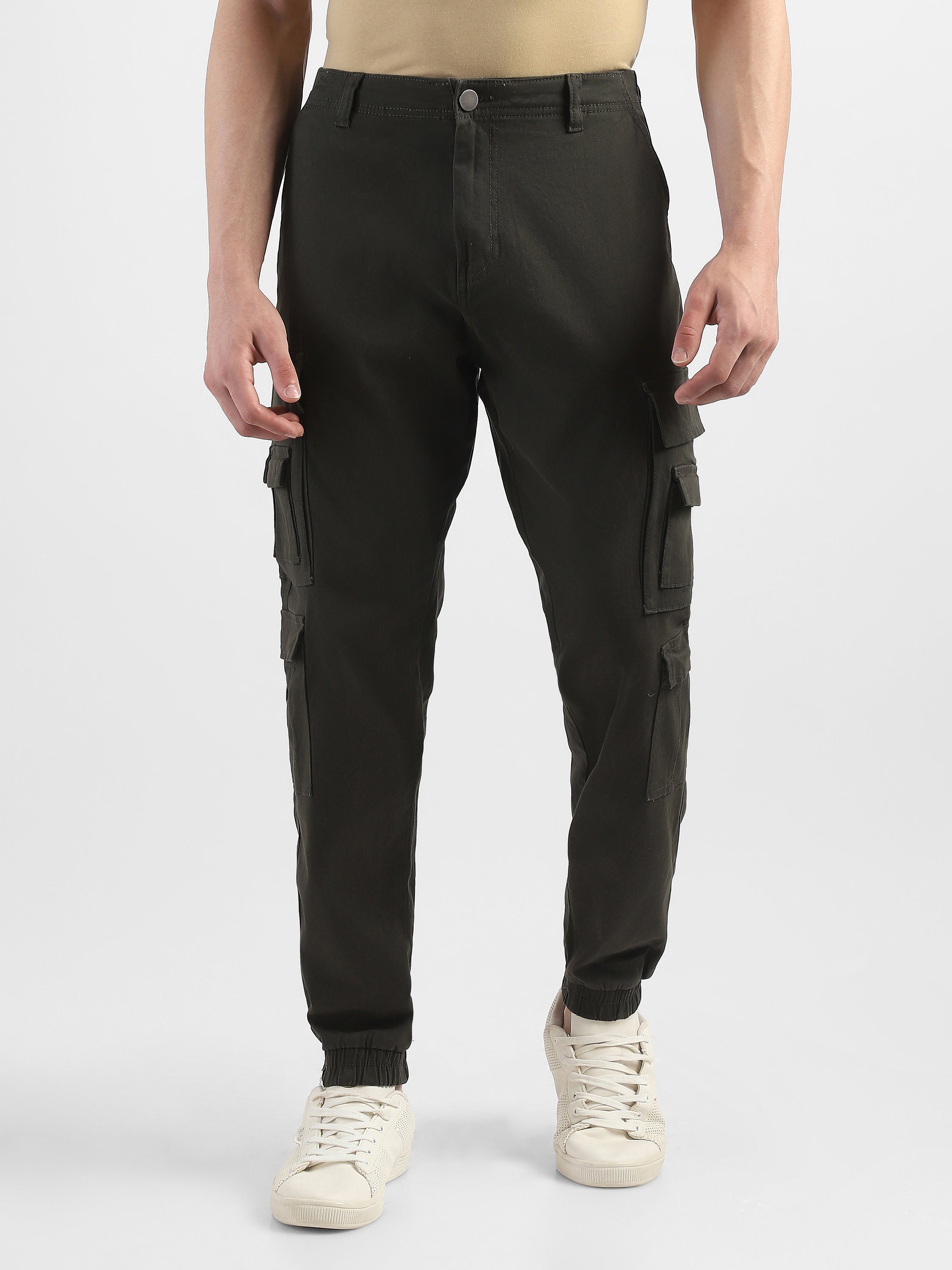 Men Olive Cotton Blend Cargo Pants with 12 pockets