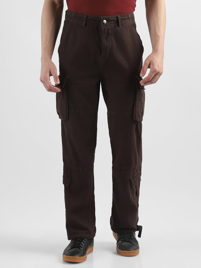 Men Brown Cotton Blend Cargo Pants with 8 Pockets
