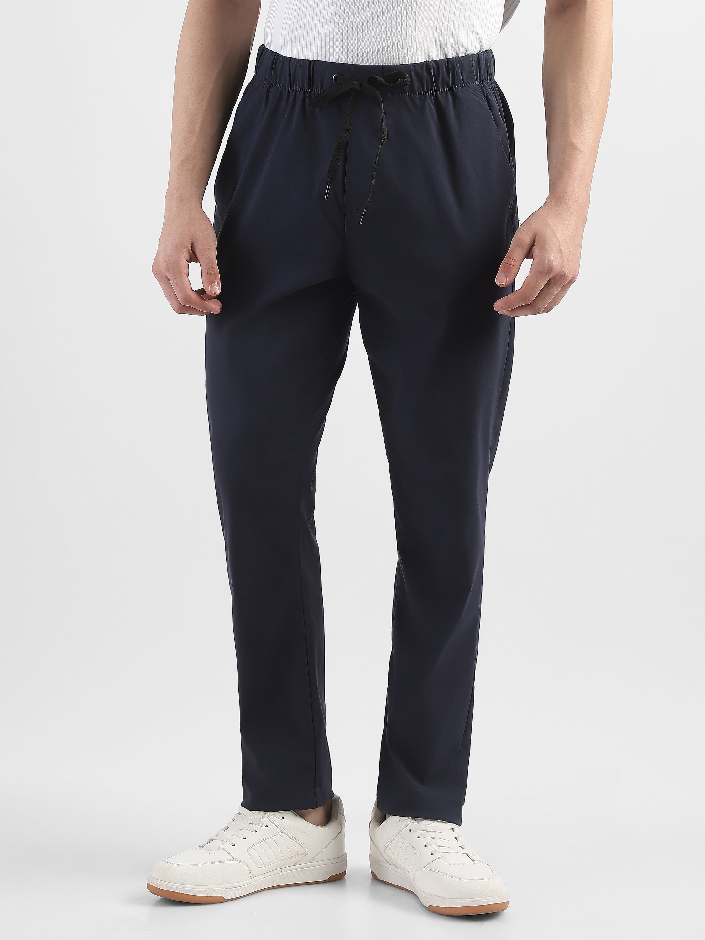 Men Navy Polyester Blend Pants