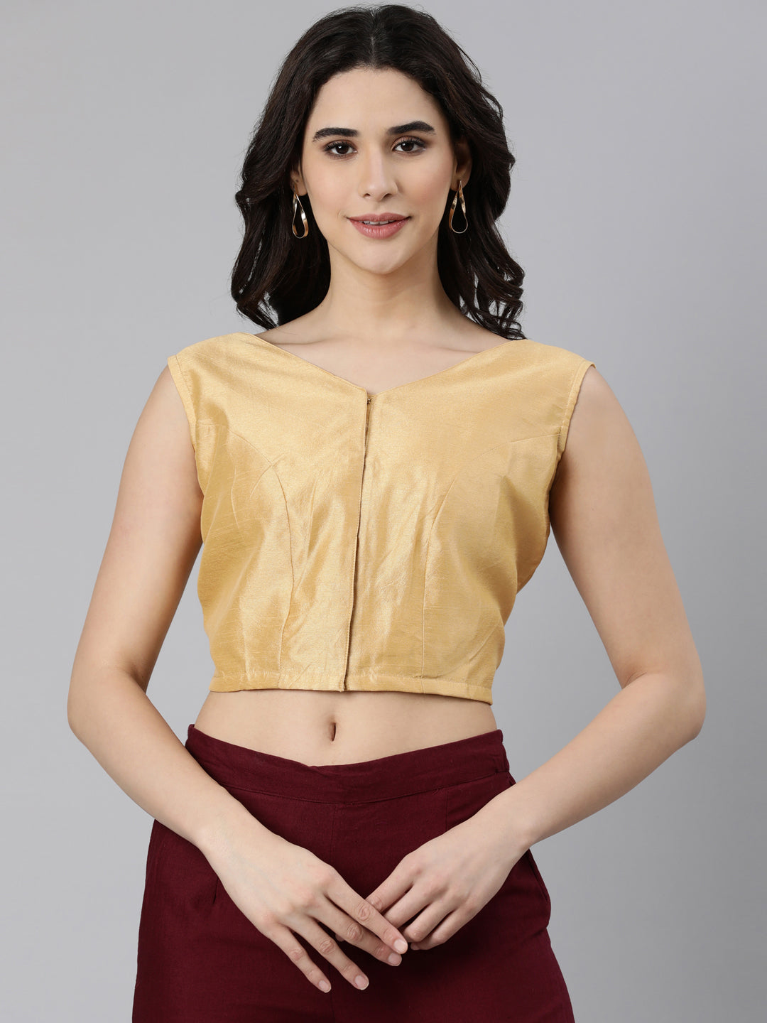 Beige Solid Sleeveless V-Neck Dupion Silk Knot Blouse