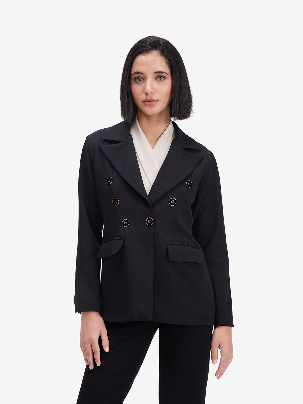 Women Classic Black Double-Breasted Blazer