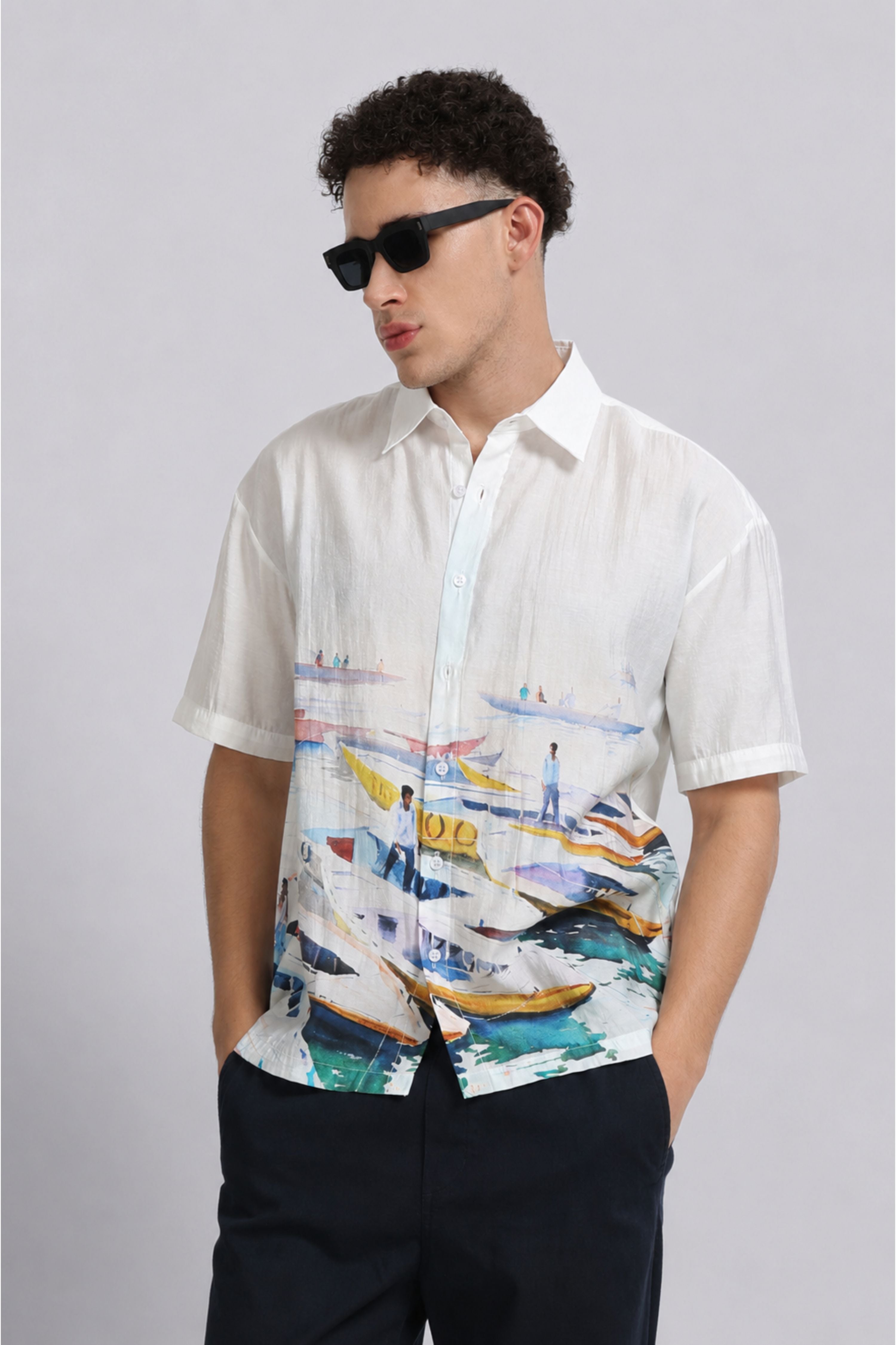 Men Blue Oversized Print Shirt