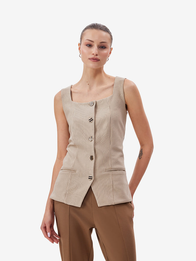 Women Khaki Striped Tailored Waistcoat