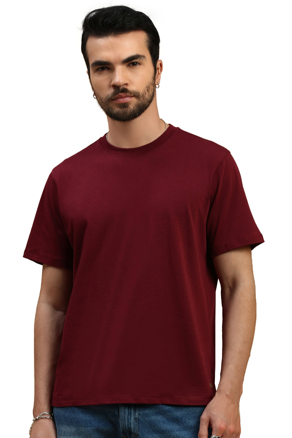 Men Burgundy Basic Crew Neck T-Shirt
