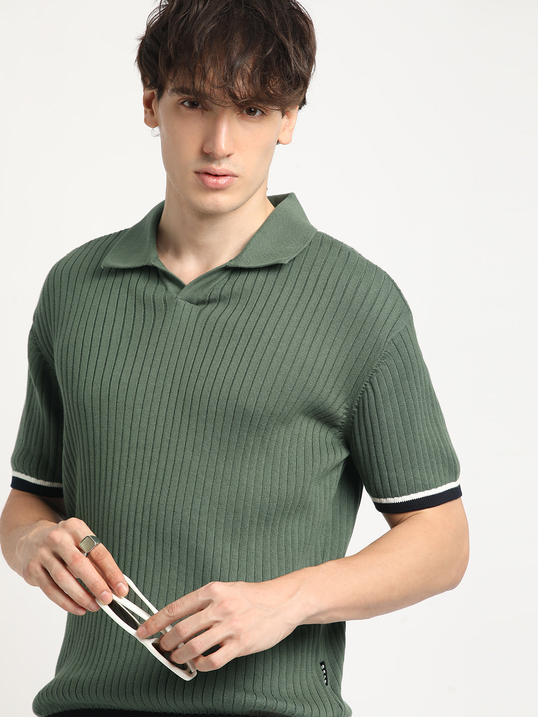 Men Green Knitted Regular Fit Polo Collar T-shirt