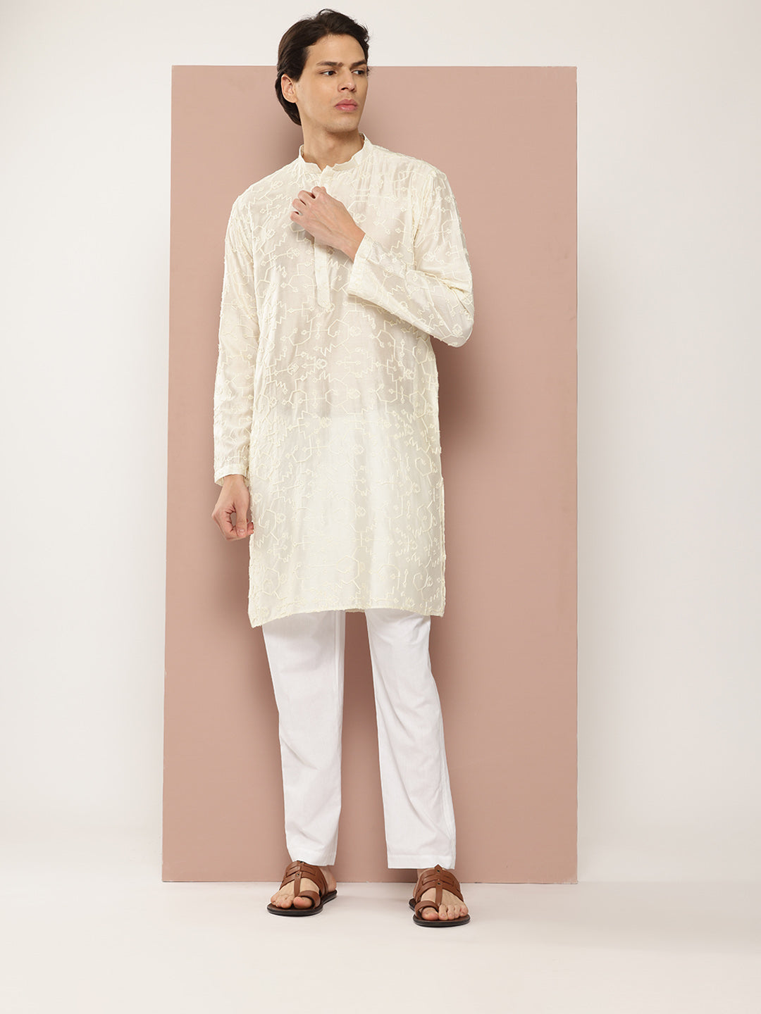 Men Off White Embroidered Chanderi Silk Kurta