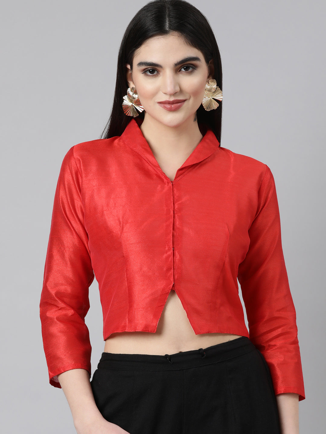 Red Solid Three-Quarter Sleeves Mandarin Collar Dupion Silk Knot Blouse